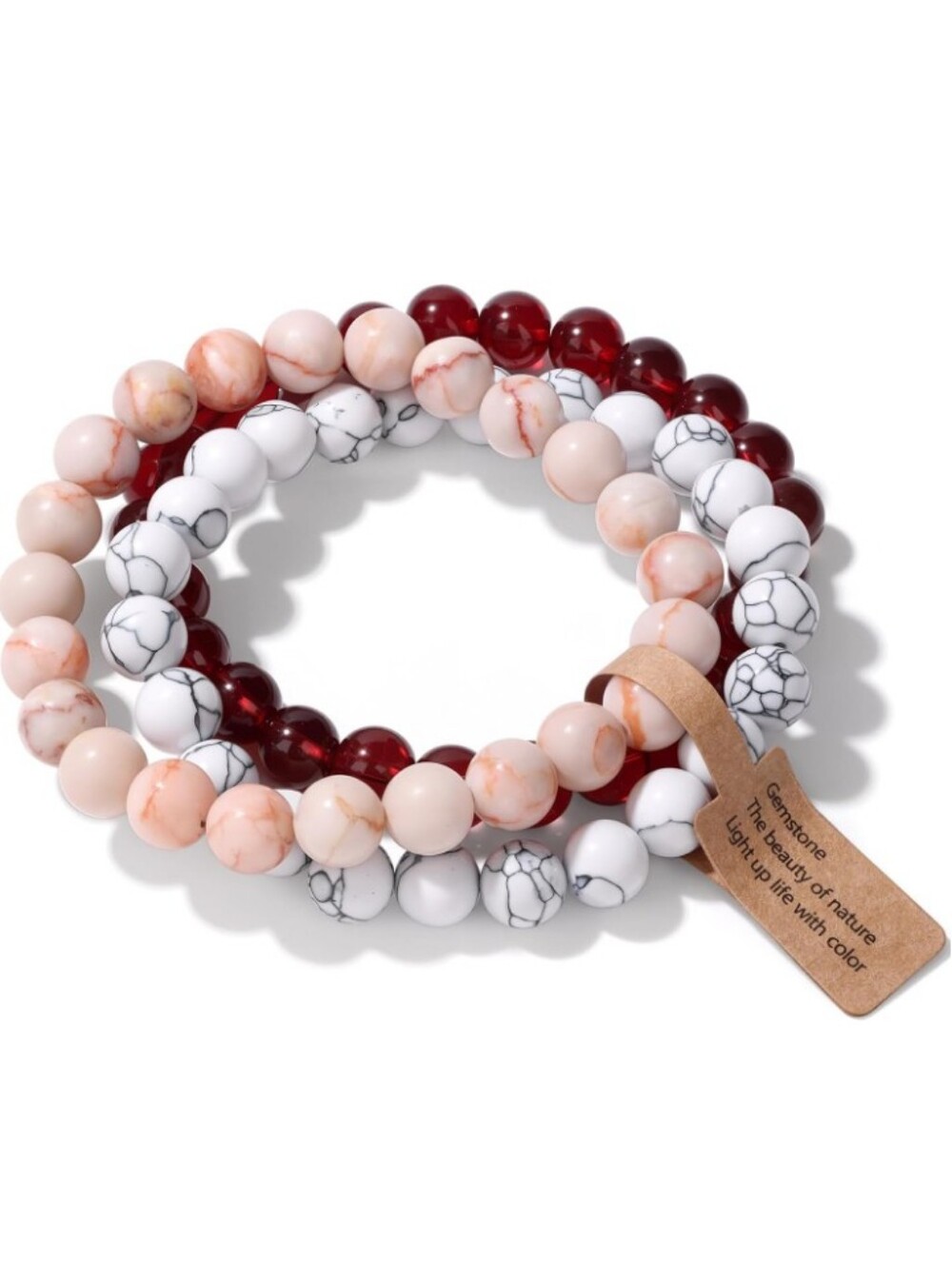 3Pc Red Network Howlite Garnet Beaded Bracelet Set Stack 8mm 19cm